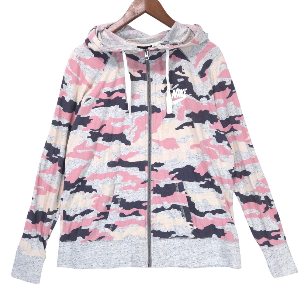 Nike Pink Camo Full Zip Hoodie Womens XL Lightweight Gym Streetwear Casual Y2K